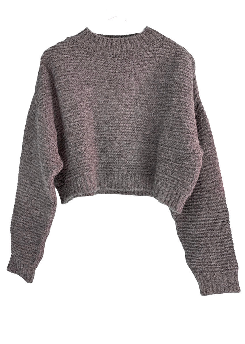 A Dimgray brownish fine wool sweater with long sleeves and a crew neck.