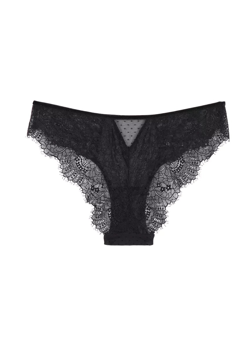 Black floral lace briefs with a soft fabric touch.
