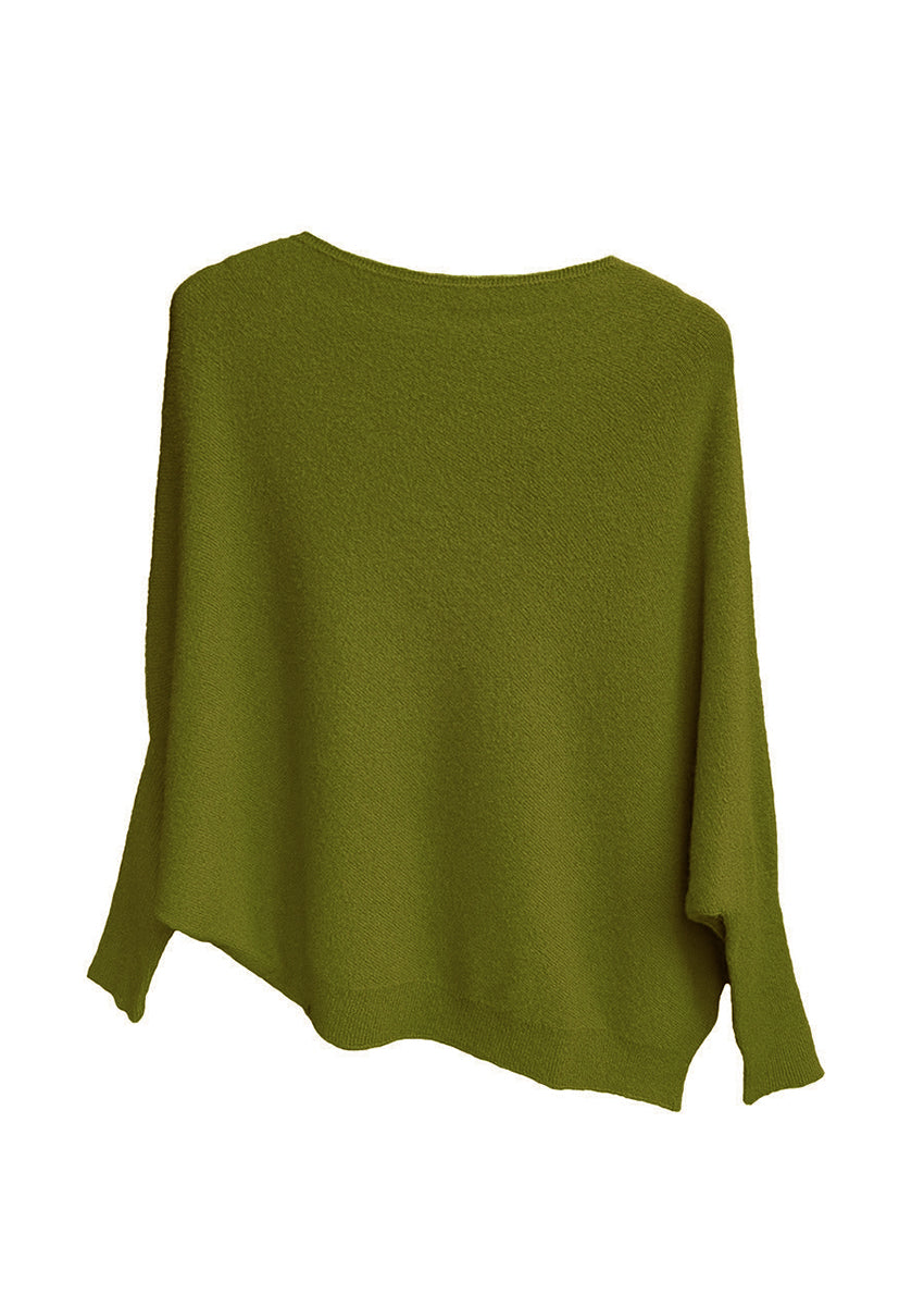 A green, asymmetrical hemline sweater with fitted sleeves that flare out into a poncho-like shape