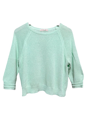 A turquoise sweater with 3/4 sleeves and a round large neckline, displayed against a white background.