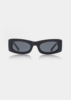 Black sunglasses with a reflective surface on a white background