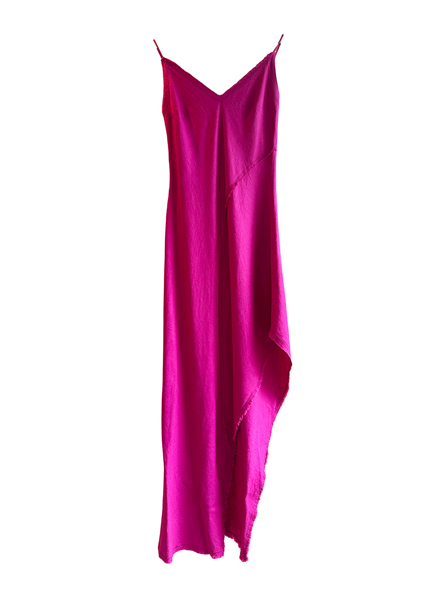 Asymmetrical maxi dress made of linen and bamboo blend with a linen look.