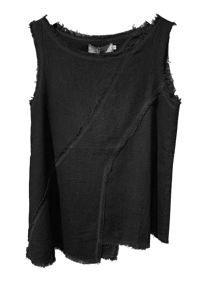 Fringed linen top in black color.
