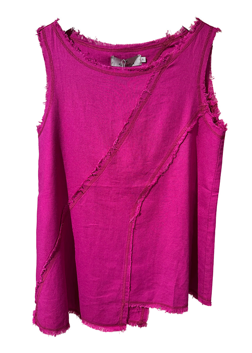 Fringed linen top in magenta color.