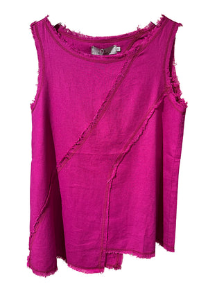 Fringed linen top in magenta color.