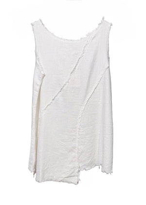 White sleeveless top with draped design on a white background