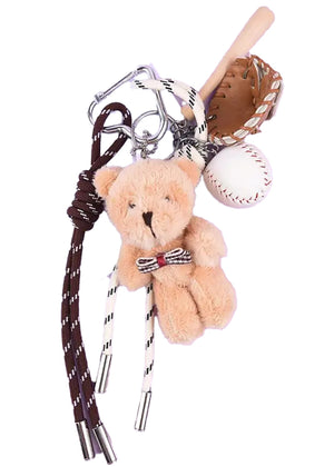 Keychain with teddy bear, baseball, and baseball glove on white background