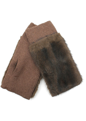 Brown knitted arm warmers with fur trim on a white background