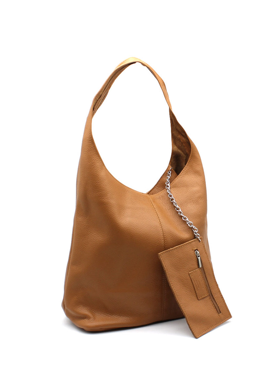 A light blue leather handbag with a minimalist design and a shoulder strap.