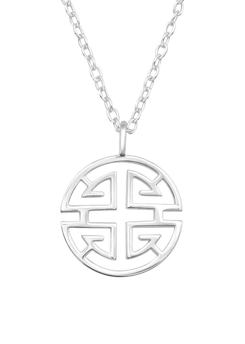 Featuring a striking circular pendant with intricate geometric patterns, this piece is inspired by symbols of balance and unity.