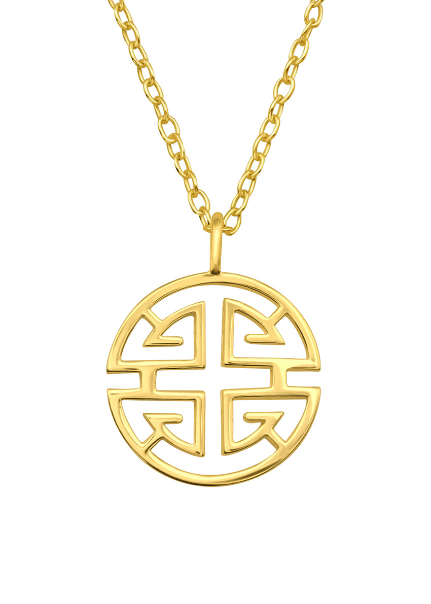 Featuring a striking circular pendant with intricate geometric patterns, this piece is inspired by symbols of balance and unity.