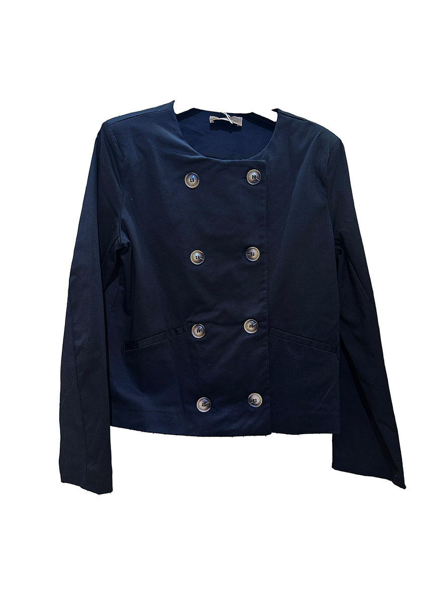 A navy blue blazer with a round neckline, 8-button closure, and frontal pockets, displayed on a plain background.