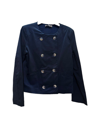 A navy blue blazer with a round neckline, 8-button closure, and frontal pockets, displayed on a plain background.