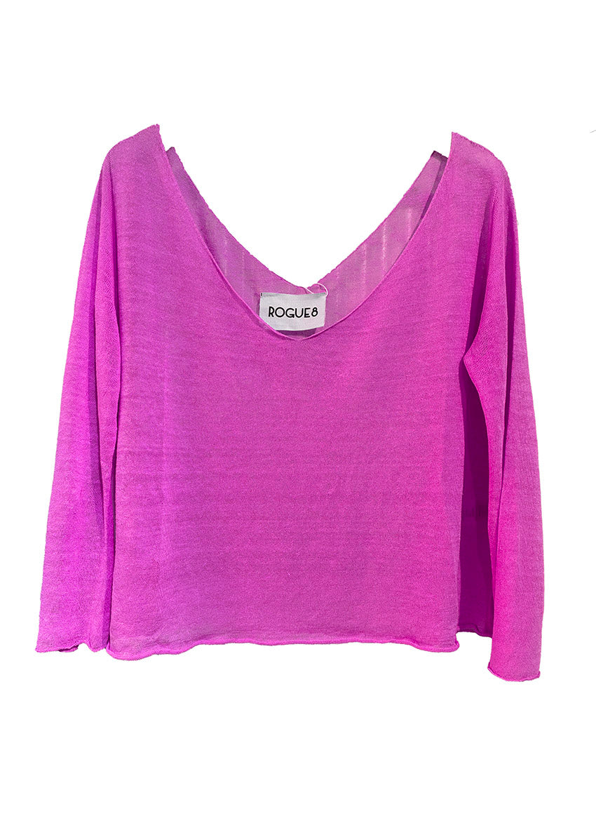 A deep pink, short-sleeved pullover with a V-neckline and a wide, relaxed fit.
