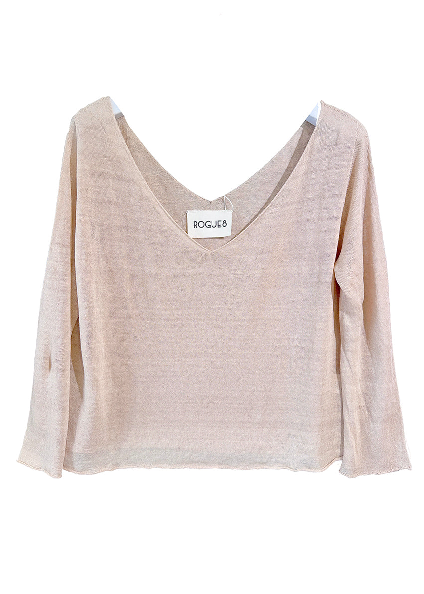 A beige pullover sweater with a deep V neckline on both sides, wide and relaxed fit, and long sleeves.