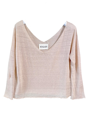 A beige pullover sweater with a deep V neckline on both sides, wide and relaxed fit, and long sleeves.