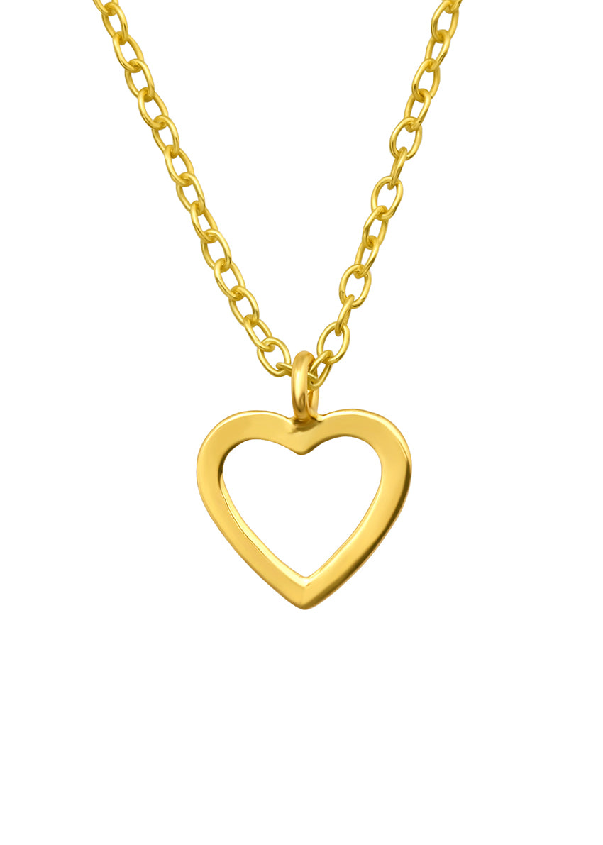 A gold-colored necklace featuring an open heart-shaped pendant.
