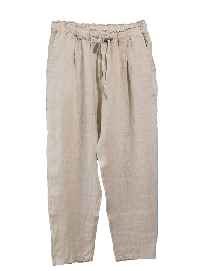 Beige linen pants, designed for ultimate comfort and effortless style. Featuring a relaxed fit and an adjustable waistband with a drawstring, these pants offer a customizable fit that’s perfect for all-day wear