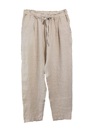 Beige linen pants, designed for ultimate comfort and effortless style. Featuring a relaxed fit and an adjustable waistband with a drawstring, these pants offer a customizable fit that’s perfect for all-day wear