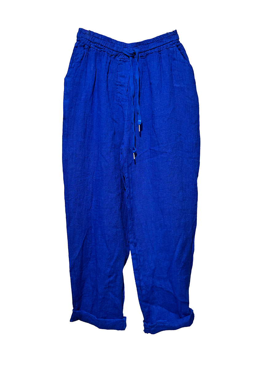 Blue linen pants, designed for ultimate comfort and effortless style. Featuring a relaxed fit and an adjustable waistband with a drawstring, these pants offer a customizable fit that’s perfect for all-day wear