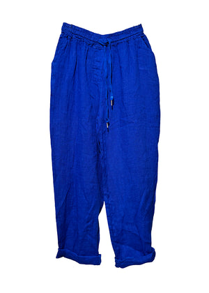 Blue linen pants, designed for ultimate comfort and effortless style. Featuring a relaxed fit and an adjustable waistband with a drawstring, these pants offer a customizable fit that’s perfect for all-day wear