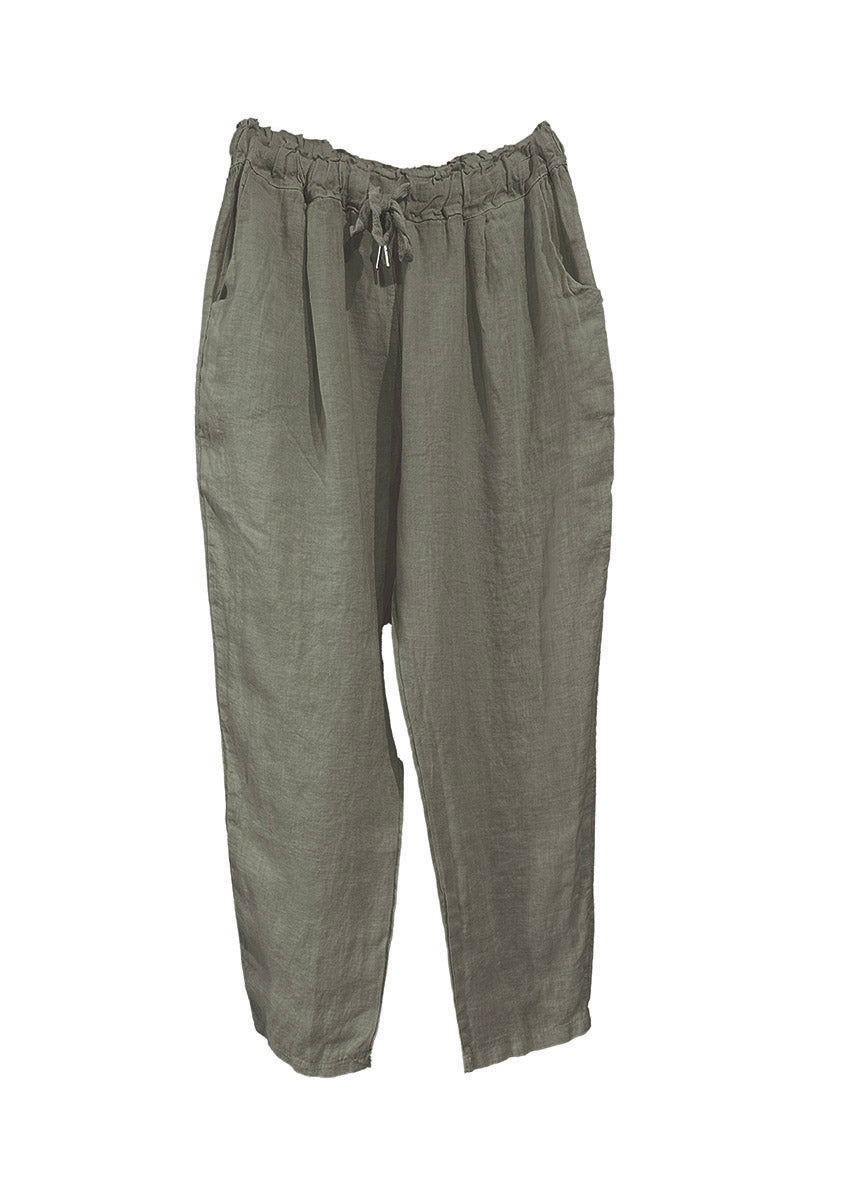 Dim grey linen pants, designed for ultimate comfort and effortless style. Featuring a relaxed fit and an adjustable waistband with a drawstring, these pants offer a customizable fit that’s perfect for all-day wear