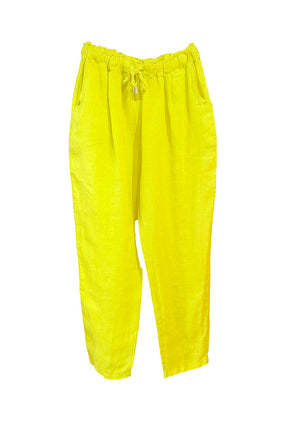 Yellow linen pants, designed for ultimate comfort and effortless style. Featuring a relaxed fit and an adjustable waistband with a drawstring, these pants offer a customizable fit that’s perfect for all-day wear