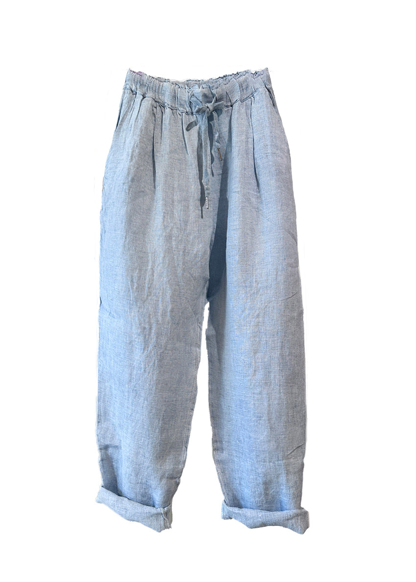 Light blue linen pants, designed for ultimate comfort and effortless style. Featuring a relaxed fit and an adjustable waistband with a drawstring, these pants offer a customizable fit that’s perfect for all-day wear
