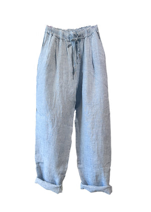 Light blue linen pants, designed for ultimate comfort and effortless style. Featuring a relaxed fit and an adjustable waistband with a drawstring, these pants offer a customizable fit that’s perfect for all-day wear