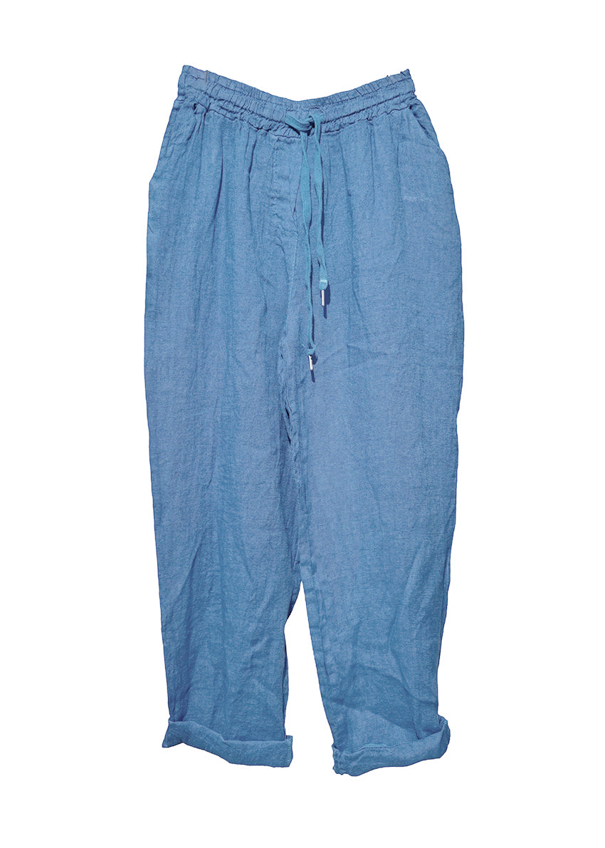  Steel blue linen pants, designed for ultimate comfort and effortless style. Featuring a relaxed fit and an adjustable waistband with a drawstring, these pants offer a customizable fit that’s perfect for all-day wear