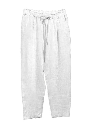 White linen pants, designed for ultimate comfort and effortless style. Featuring a relaxed fit and an adjustable waistband with a drawstring, these pants offer a customizable fit that’s perfect for all-day wear