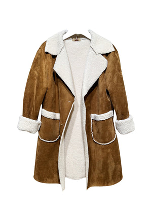 A brown shearling coat with white collar and cuff details, displayed on a white background.
