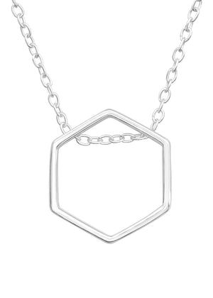 A silver-colored hexagonal-shaped necklace with a chain attached.