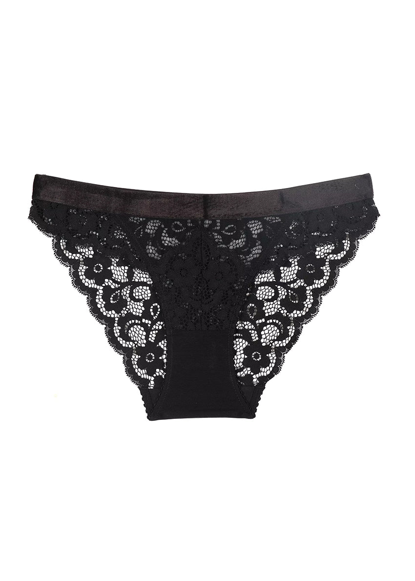 Black lace hipster briefs with floral patterns.