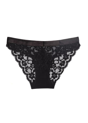 Black lace hipster briefs with floral patterns.