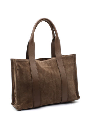 This elegant tote brown bag features a minimalist design crafted from a luxurious combination of materials. The main body is made of suede, offering a soft, velvety texture, while the long, sturdy straps are made from pebbled leather