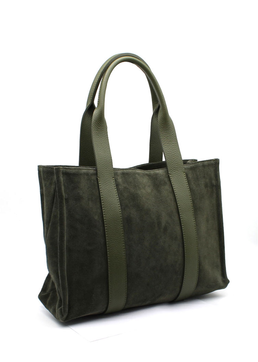 This elegant tote green bag features a minimalist design crafted from a luxurious combination of materials. The main body is made of suede, offering a soft, velvety texture, while the long, sturdy straps are made from pebbled leather