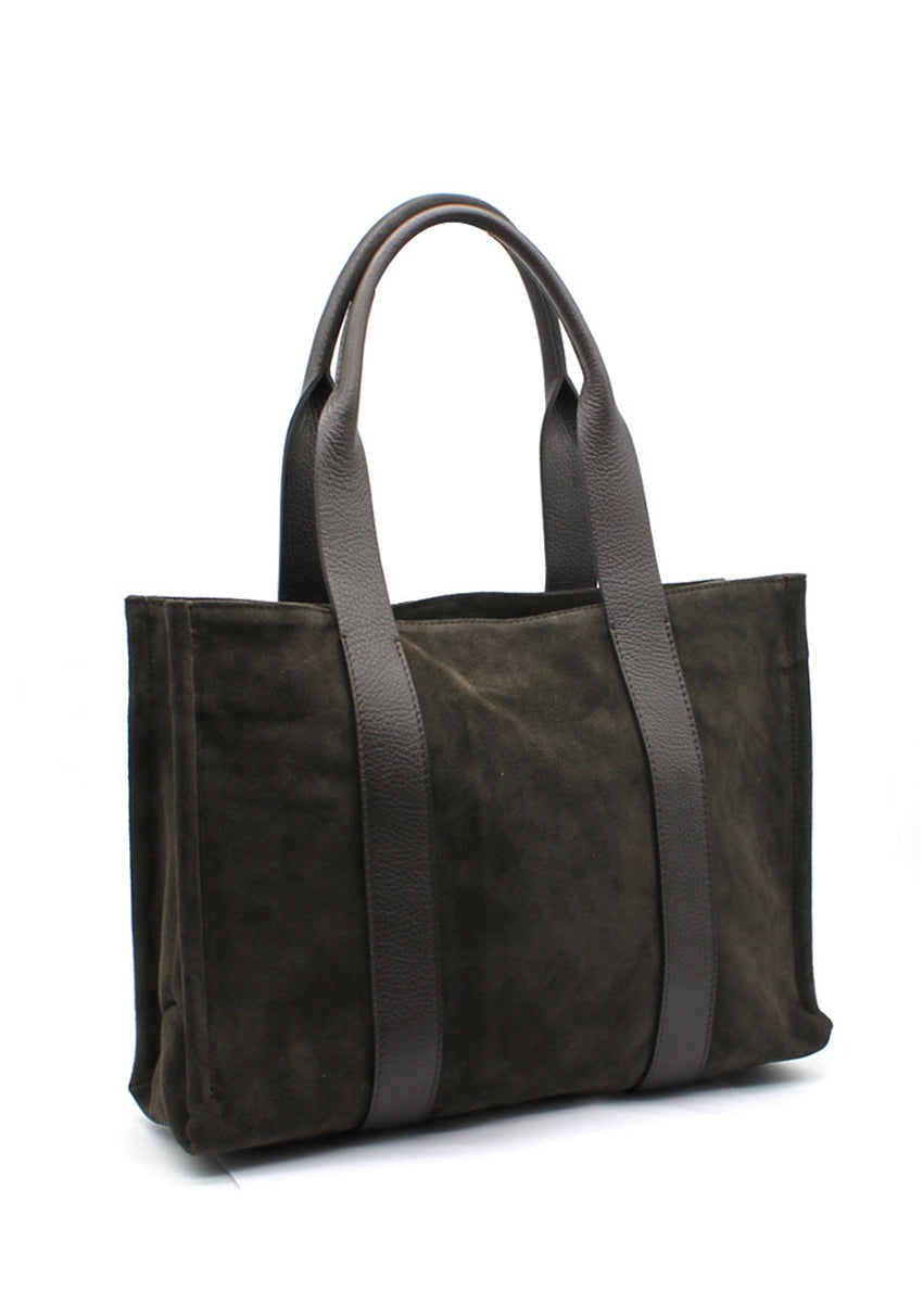 This elegant tote grey bag features a minimalist design crafted from a luxurious combination of materials. The main body is made of suede, offering a soft, velvety texture, while the long, sturdy straps are made from pebbled leather