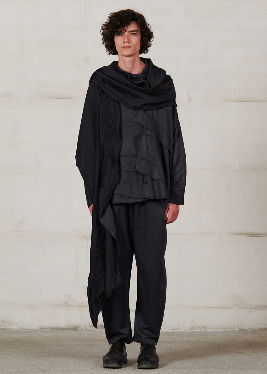 Unisex black scarf with decorative stitching, made of soft cotton voile fabric, with frayed edges.