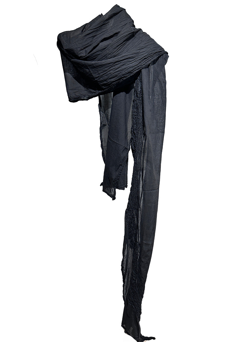 Unisex black scarf with decorative stitching, made of soft cotton voile fabric, with frayed edges.