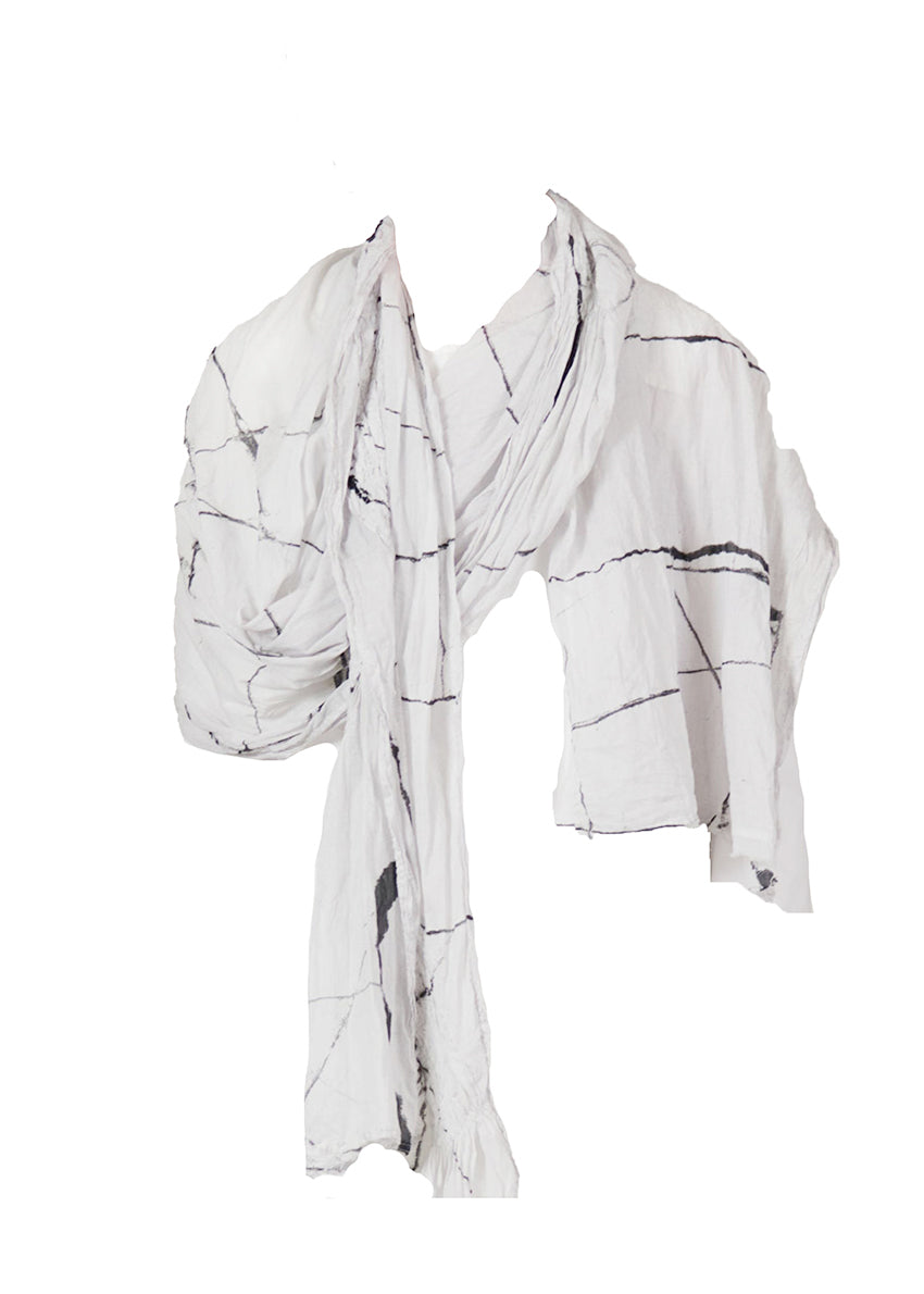 Unisex white scarf with decorative stitching, made of soft cotton voile fabric, with frayed edges.