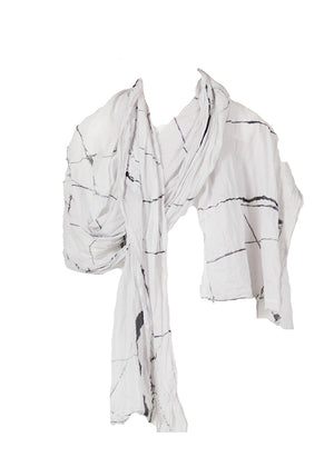 Unisex white scarf with decorative stitching, made of soft cotton voile fabric, with frayed edges.