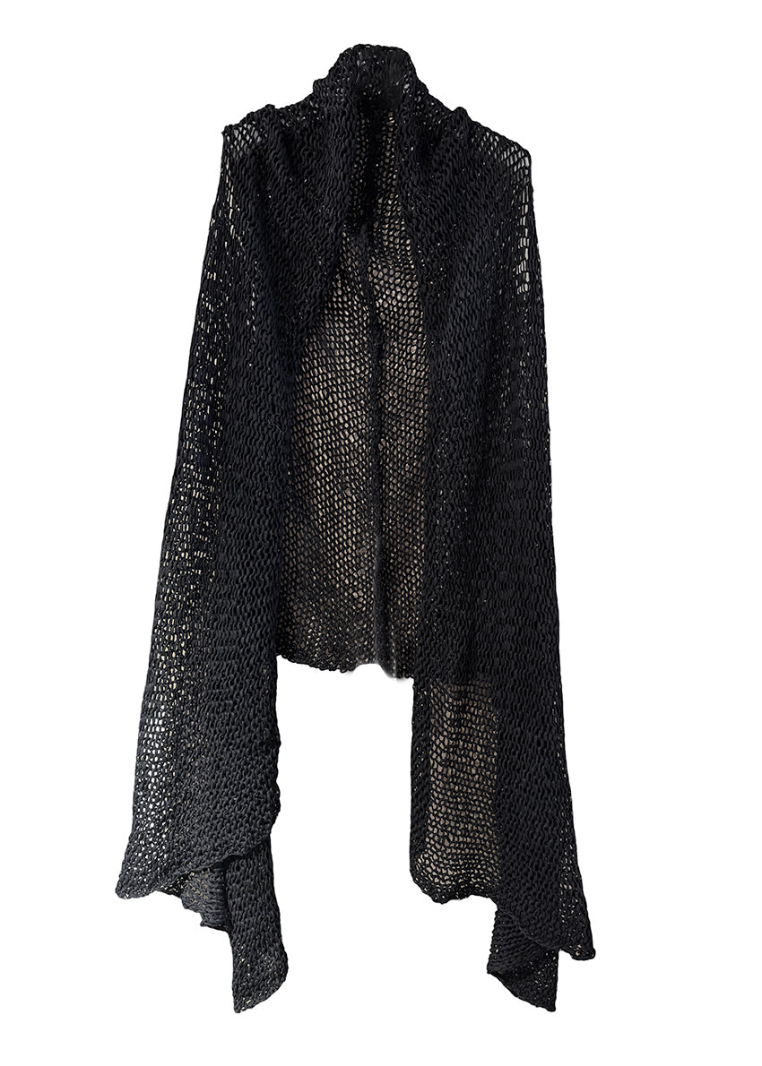 A black and blue knit vest with a relaxed fit and front opening, made of cotton and linen, displayed on a white background.