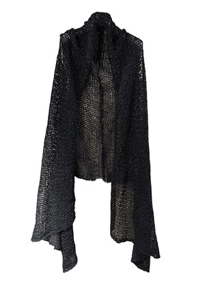 A black and blue knit vest with a relaxed fit and front opening, made of cotton and linen, displayed on a white background.