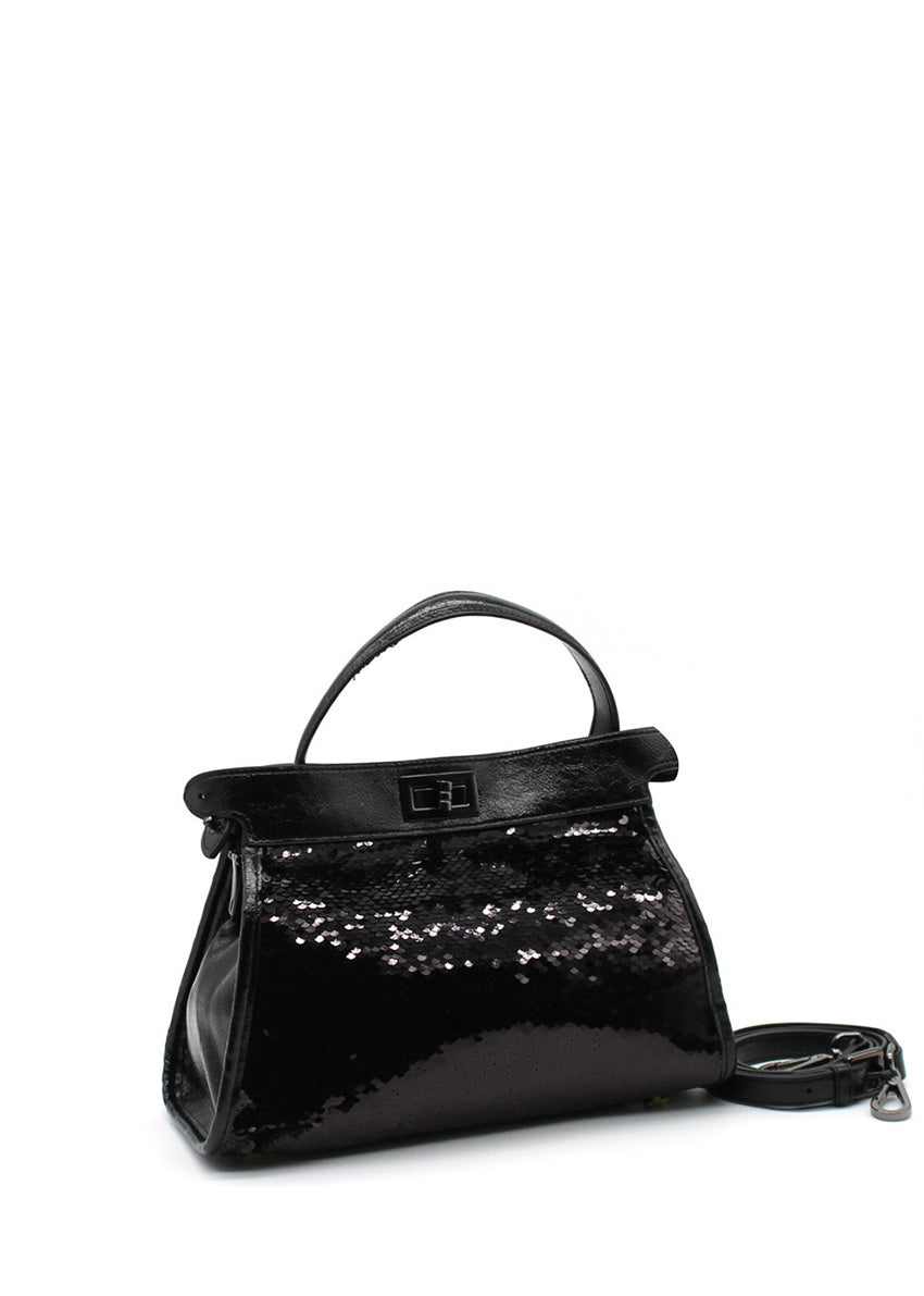 A sequin embellished handbag with a black leather base and a detachable shoulder strap, featuring a gold-tone hardware closure.