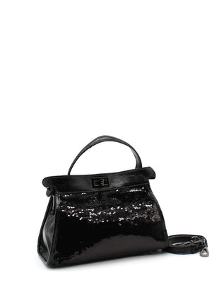 A sequin embellished handbag with a black leather base and a detachable shoulder strap, featuring a gold-tone hardware closure.