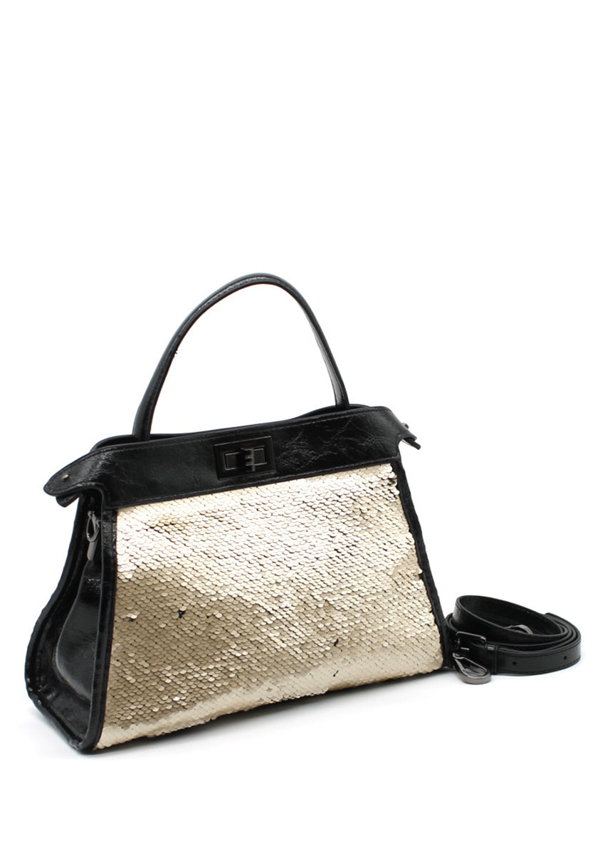 A sequin embellished handbag with a black leather base and a detachable shoulder strap, featuring a gold-tone hardware closure.