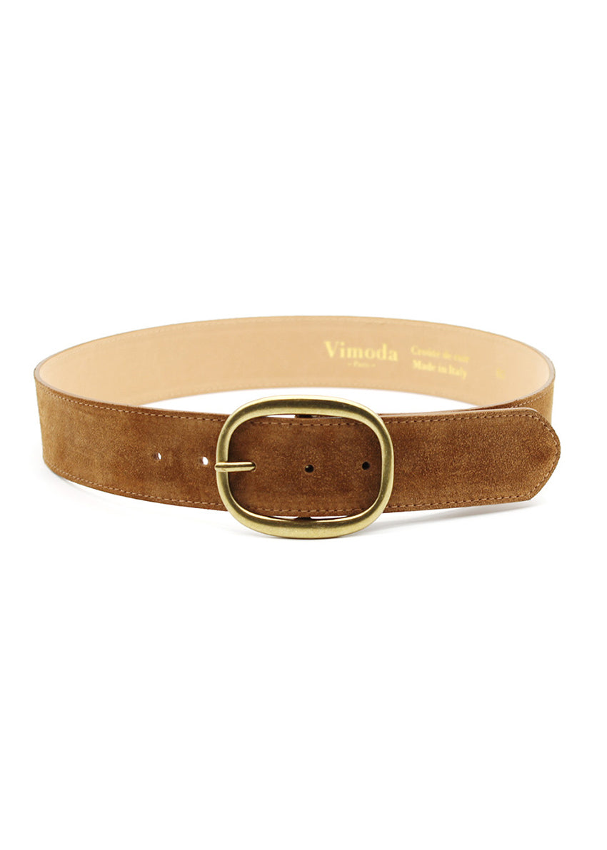 Brown suede belt with gold buckle on a white background