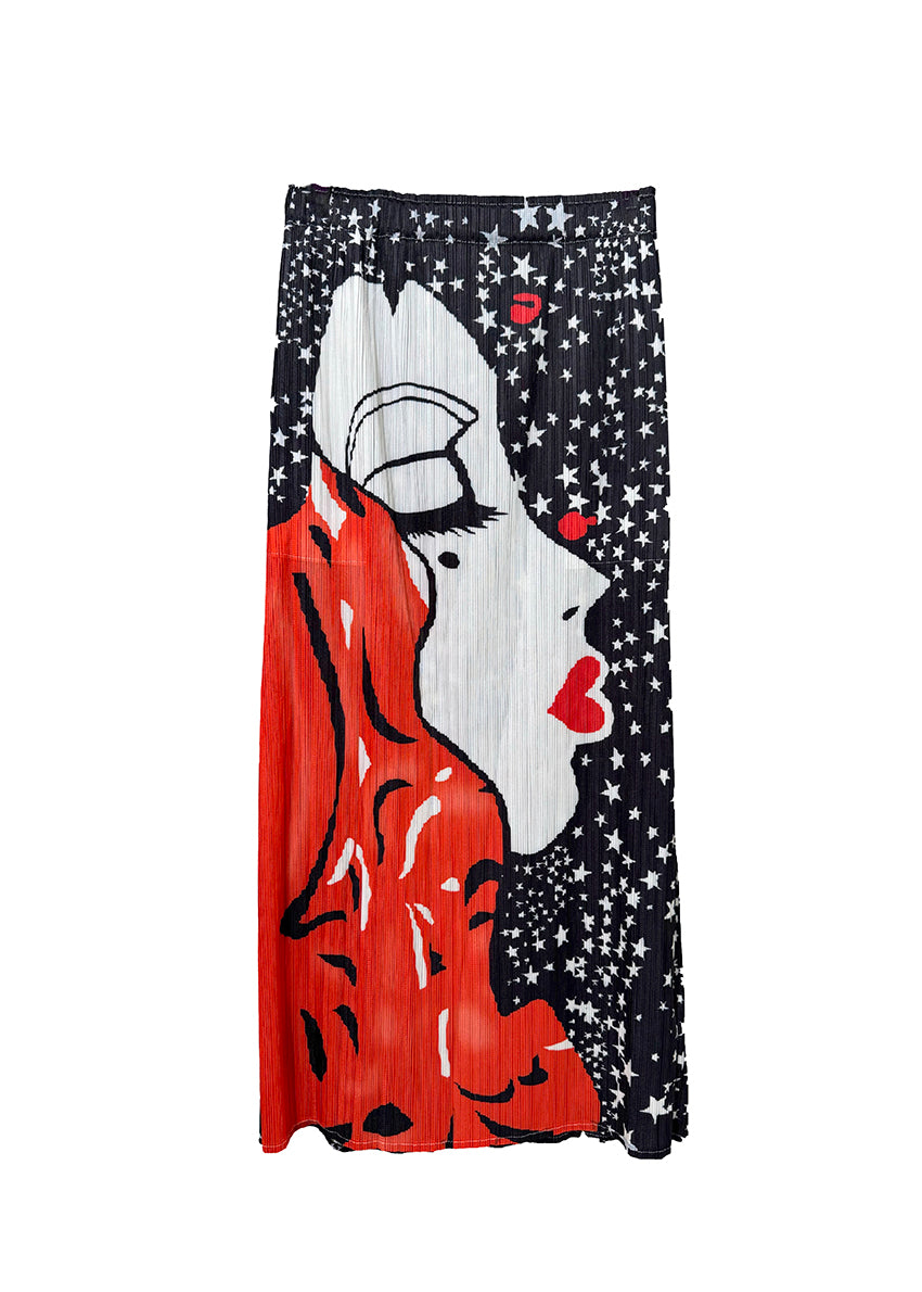 Design of a woman with a red bow and white face on a black background with stars.