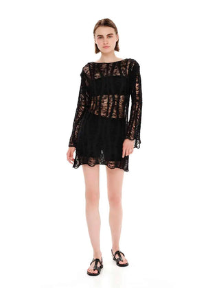 Mini transparent long sleeved black dress with perforated knitting stitch. Suitable for resort destinations